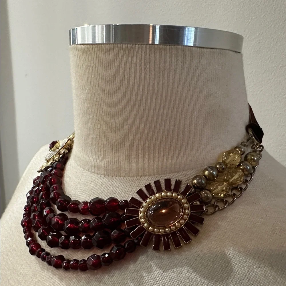 Vintage Multi-Strand Statement Necklace with Velvet Ribbon Accent, Burgundy